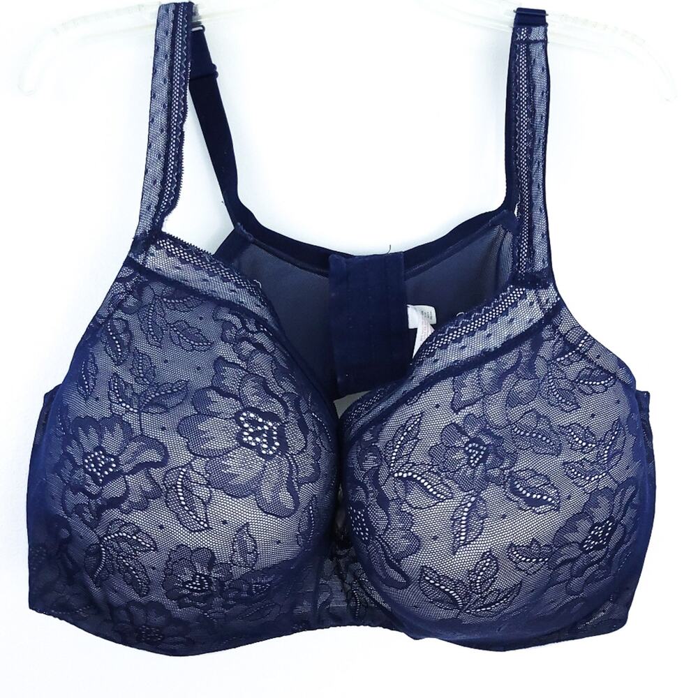 Cacique Modern Lace Covered Lightly Lines Balconette 46DDD Bra Navy Blue White